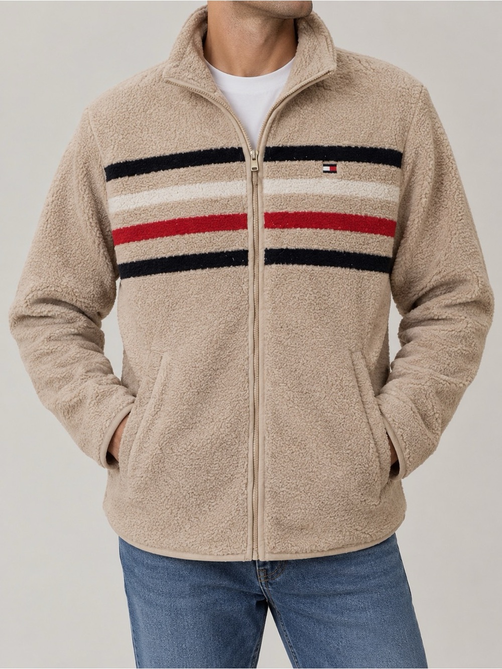 Tommy Hilfiger Beige Sherpa Stripe Zip-Up jacket, size XL